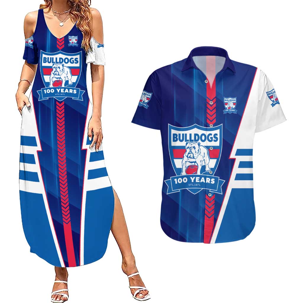 Personalized Western Bulldogs Couples Matching Summer Maxi Dress and Hawaiian Shirt Modern Geometric Sports Graphic Style