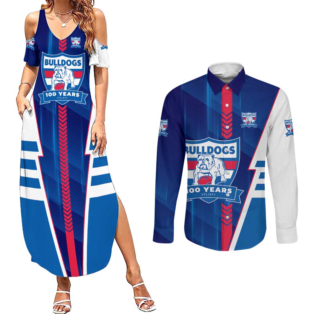 Personalized Western Bulldogs Couples Matching Summer Maxi Dress and Long Sleeve Button Shirt Modern Geometric Sports Graphic Style