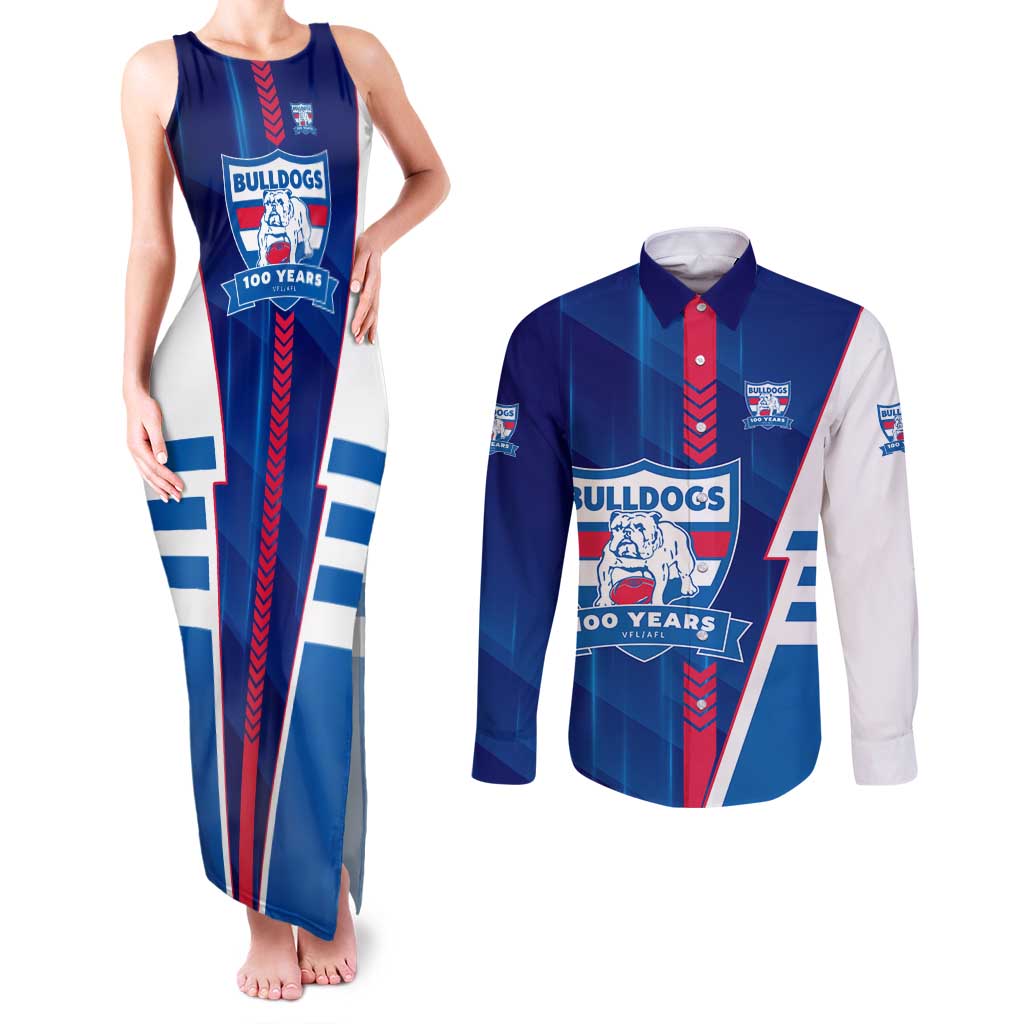 Personalized Western Bulldogs Couples Matching Tank Maxi Dress and Long Sleeve Button Shirt Modern Geometric Sports Graphic Style
