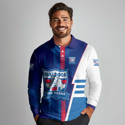 Personalized Western Bulldogs Long Sleeve Polo Shirt Modern Geometric Sports Graphic Style