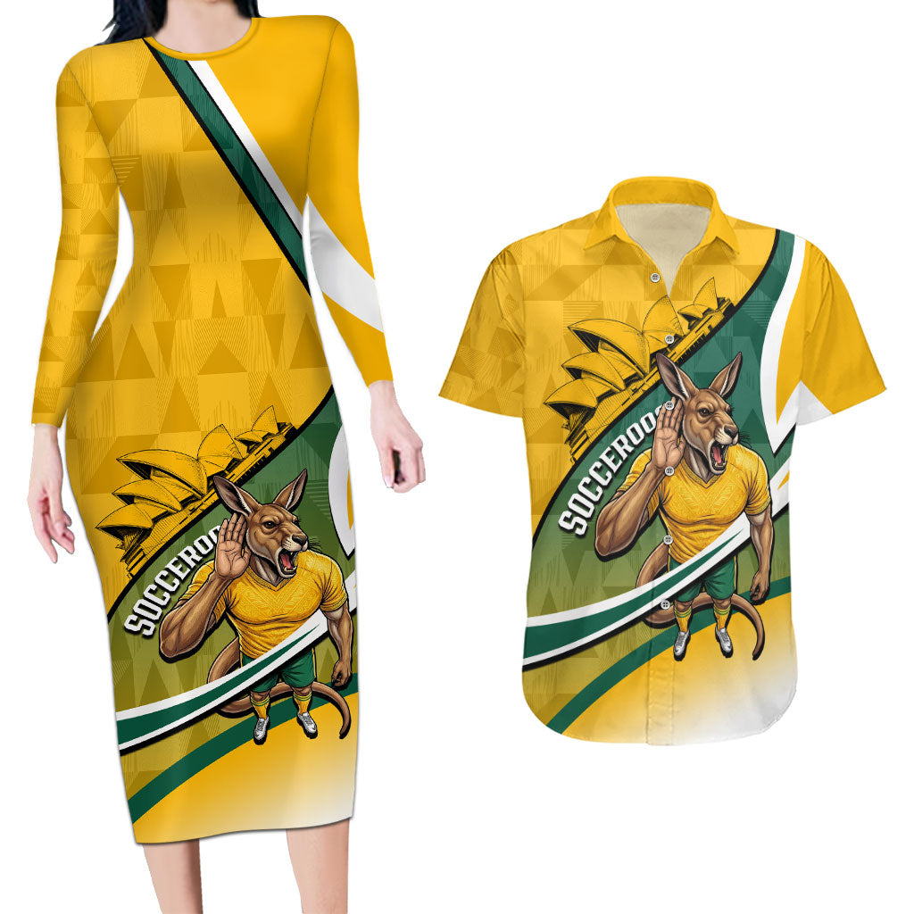 Personalized Australia Soccer Kangaroo Mascot Couples Matching Long Sleeve Bodycon Dress and Hawaiian Shirt Sydney Opera House - Hear the Champions Roar Football