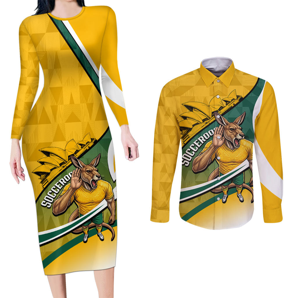 Personalized Australia Soccer Kangaroo Mascot Couples Matching Long Sleeve Bodycon Dress and Long Sleeve Button Shirt Sydney Opera House - Hear the Champions Roar Football