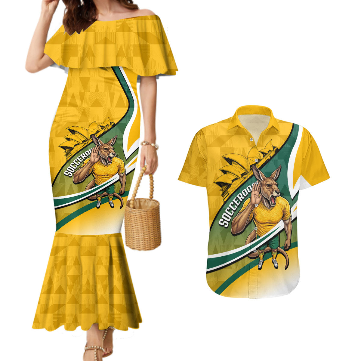 Personalized Australia Soccer Kangaroo Mascot Couples Matching Mermaid Dress and Hawaiian Shirt Sydney Opera House - Hear the Champions Roar Football