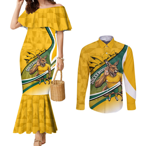 Personalized Australia Soccer Kangaroo Mascot Couples Matching Mermaid Dress and Long Sleeve Button Shirt Sydney Opera House - Hear the Champions Roar Football