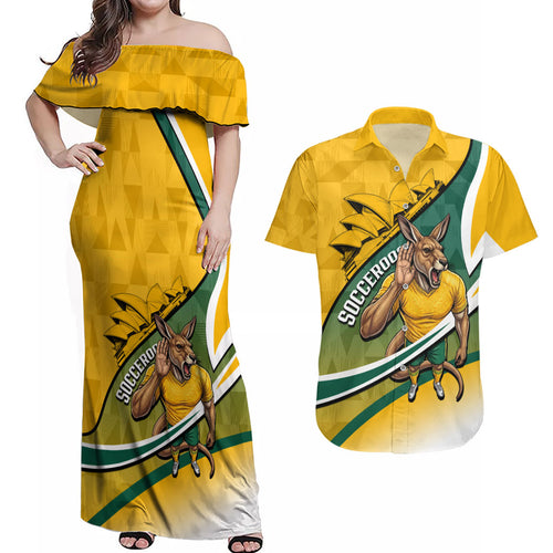 Personalized Australia Soccer Kangaroo Mascot Couples Matching Off Shoulder Maxi Dress and Hawaiian Shirt Sydney Opera House - Hear the Champions Roar Football