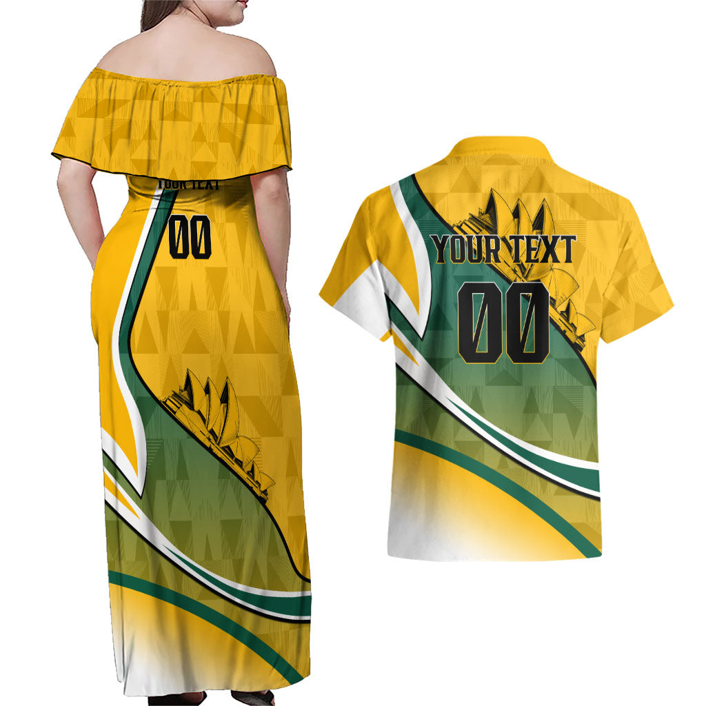 Personalized Australia Soccer Kangaroo Mascot Couples Matching Off Shoulder Maxi Dress and Hawaiian Shirt Sydney Opera House - Hear the Champions Roar Football