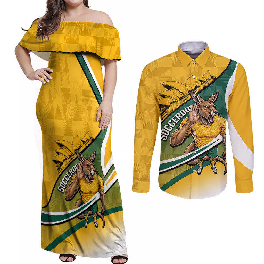 Personalized Australia Soccer Kangaroo Mascot Couples Matching Off Shoulder Maxi Dress and Long Sleeve Button Shirt Sydney Opera House - Hear the Champions Roar Football