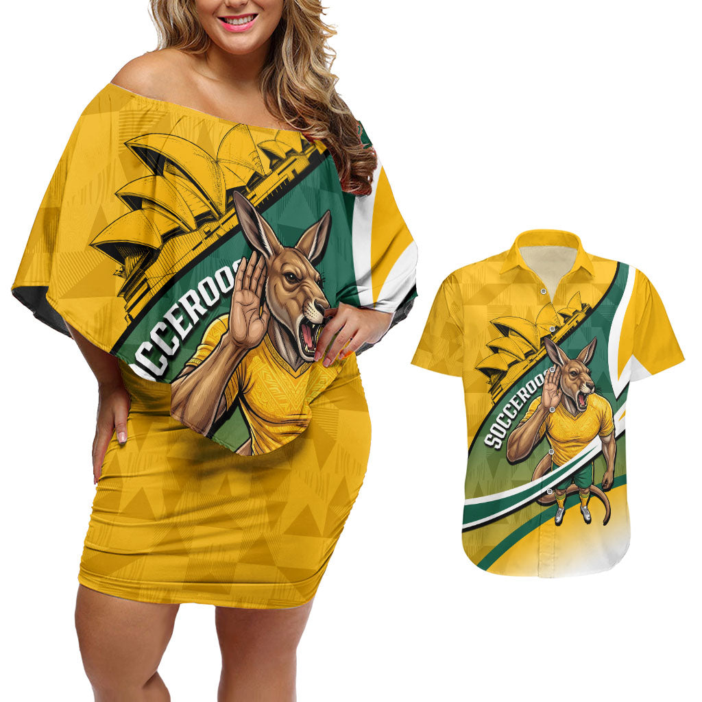 Personalized Australia Soccer Kangaroo Mascot Couples Matching Off Shoulder Short Dress and Hawaiian Shirt Sydney Opera House - Hear the Champions Roar Football