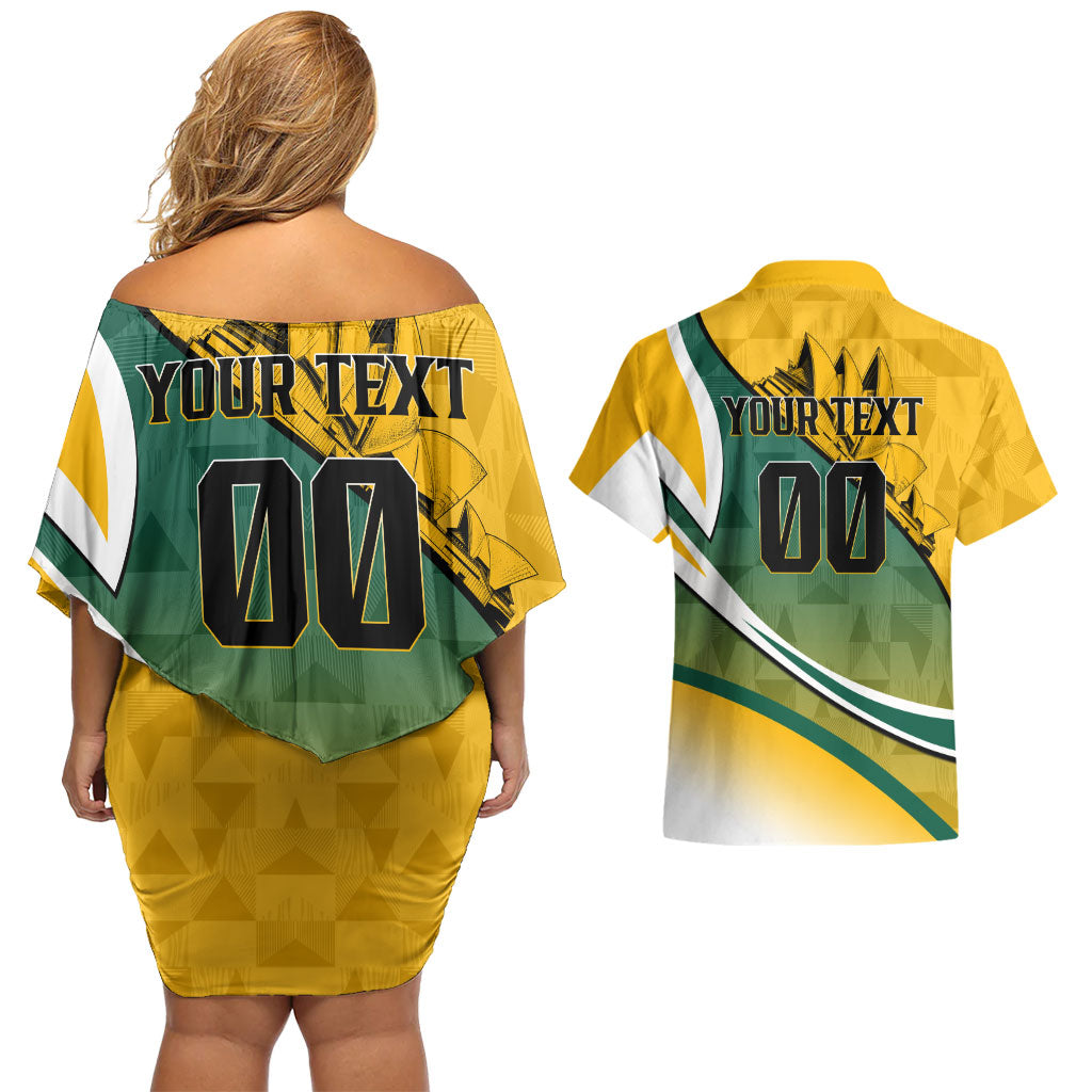 Personalized Australia Soccer Kangaroo Mascot Couples Matching Off Shoulder Short Dress and Hawaiian Shirt Sydney Opera House - Hear the Champions Roar Football