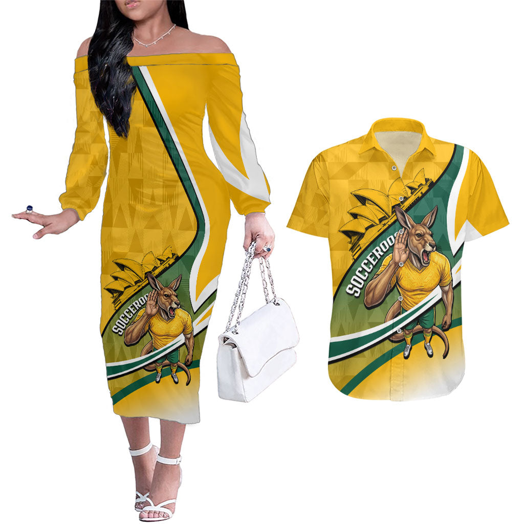 Personalized Australia Soccer Kangaroo Mascot Couples Matching Off The Shoulder Long Sleeve Dress and Hawaiian Shirt Sydney Opera House - Hear the Champions Roar Football