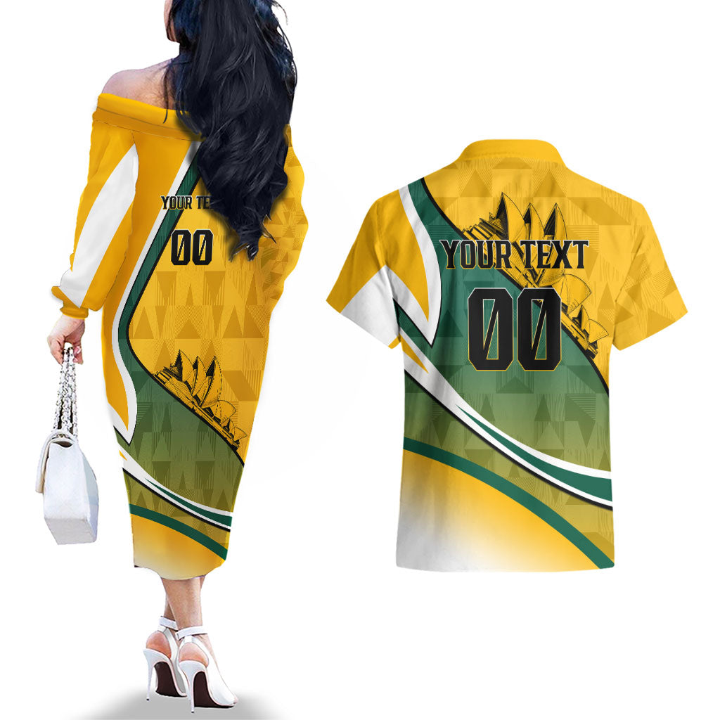 Personalized Australia Soccer Kangaroo Mascot Couples Matching Off The Shoulder Long Sleeve Dress and Hawaiian Shirt Sydney Opera House - Hear the Champions Roar Football