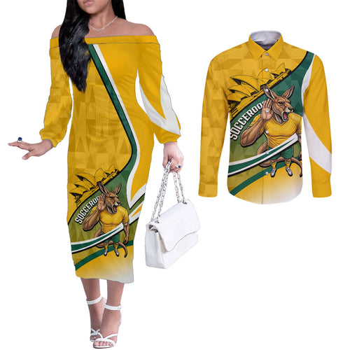 Personalized Australia Soccer Kangaroo Mascot Couples Matching Off The Shoulder Long Sleeve Dress and Long Sleeve Button Shirt Sydney Opera House - Hear the Champions Roar Football