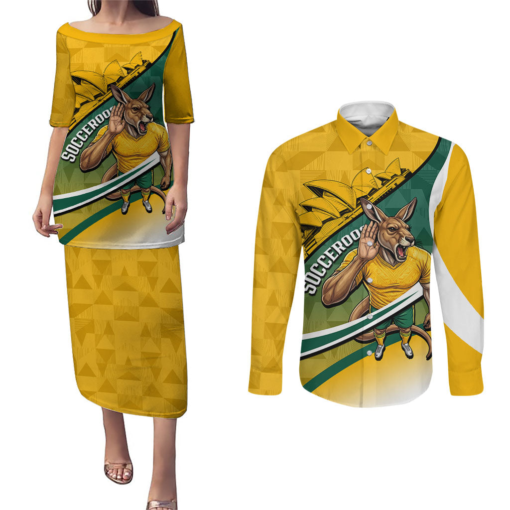 Personalized Australia Soccer Kangaroo Mascot Couples Matching Puletasi and Long Sleeve Button Shirt Sydney Opera House - Hear the Champions Roar Football