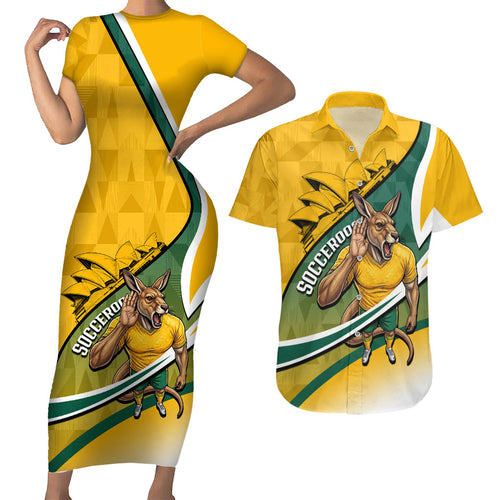 Personalized Australia Soccer Kangaroo Mascot Couples Matching Short Sleeve Bodycon Dress and Hawaiian Shirt Sydney Opera House - Hear the Champions Roar Football