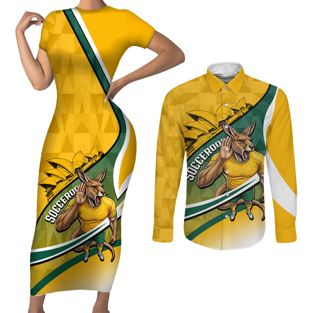 Personalized Australia Soccer Kangaroo Mascot Couples Matching Short Sleeve Bodycon Dress and Long Sleeve Button Shirt Sydney Opera House - Hear the Champions Roar Football