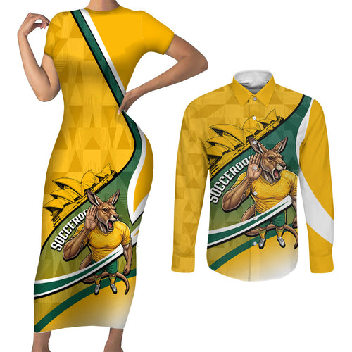 Personalized Australia Soccer Kangaroo Mascot Couples Matching Short Sleeve Bodycon Dress and Long Sleeve Button Shirt Sydney Opera House - Hear the Champions Roar Football