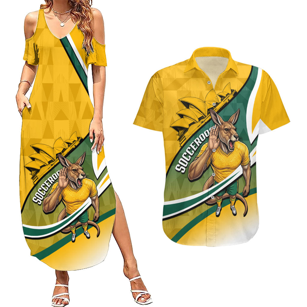 Personalized Australia Soccer Kangaroo Mascot Couples Matching Summer Maxi Dress and Hawaiian Shirt Sydney Opera House - Hear the Champions Roar Football