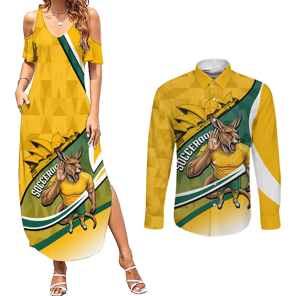 Personalized Australia Soccer Kangaroo Mascot Couples Matching Summer Maxi Dress and Long Sleeve Button Shirt Sydney Opera House - Hear the Champions Roar Football