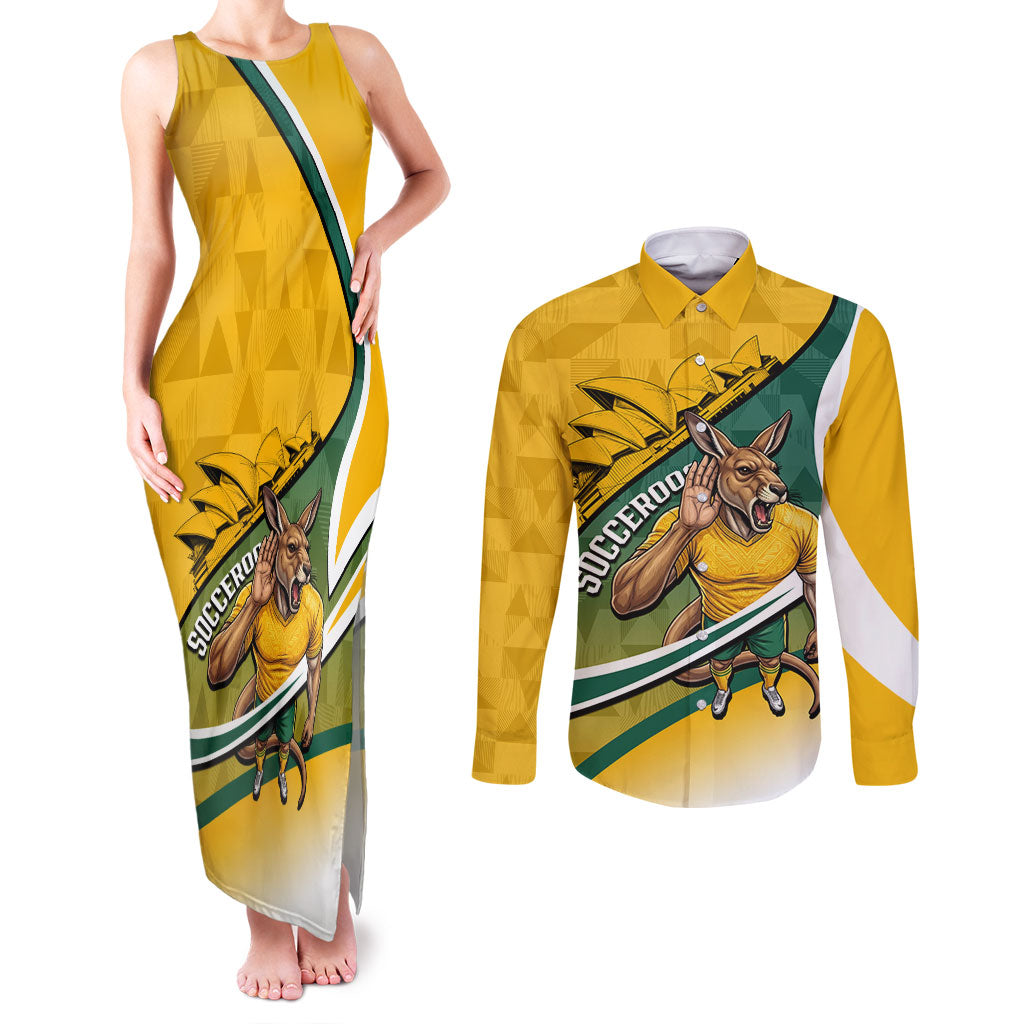 Personalized Australia Soccer Kangaroo Mascot Couples Matching Tank Maxi Dress and Long Sleeve Button Shirt Sydney Opera House - Hear the Champions Roar Football