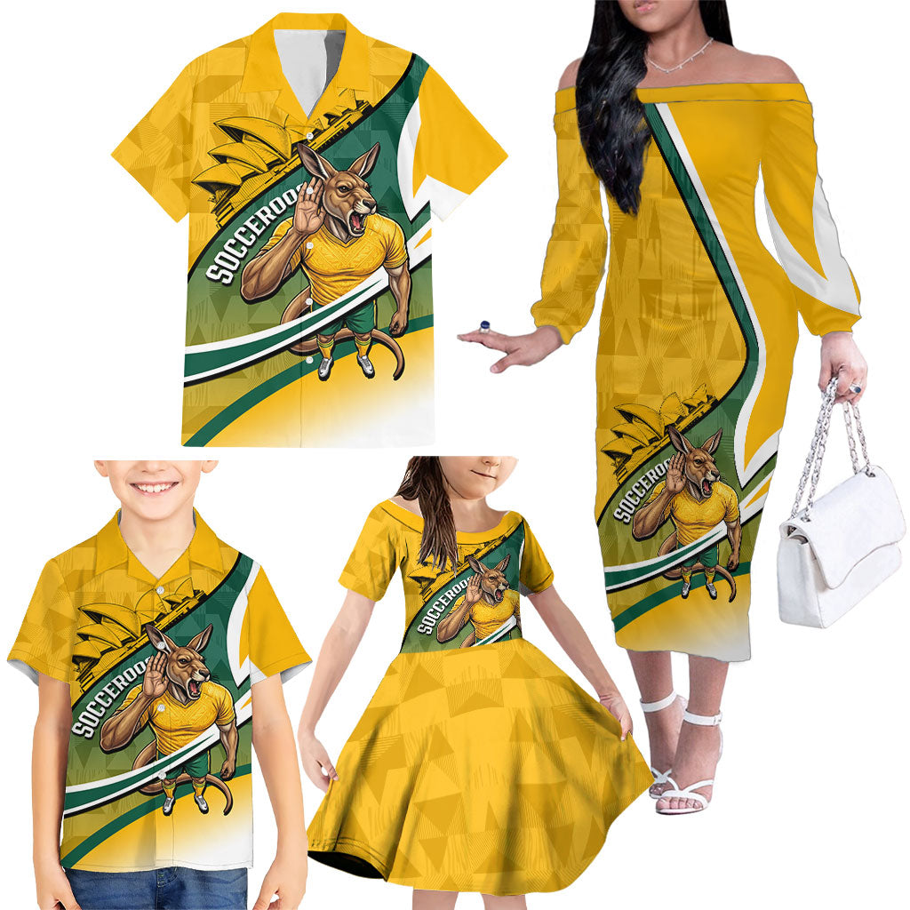 Personalized Australia Soccer Kangaroo Mascot Family Matching Off The Shoulder Long Sleeve Dress and Hawaiian Shirt Sydney Opera House - Hear the Champions Roar Football