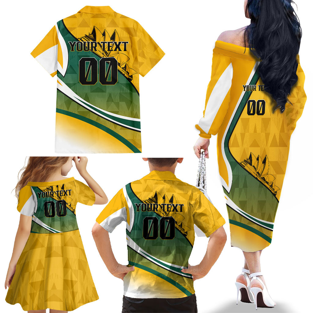 Personalized Australia Soccer Kangaroo Mascot Family Matching Off The Shoulder Long Sleeve Dress and Hawaiian Shirt Sydney Opera House - Hear the Champions Roar Football
