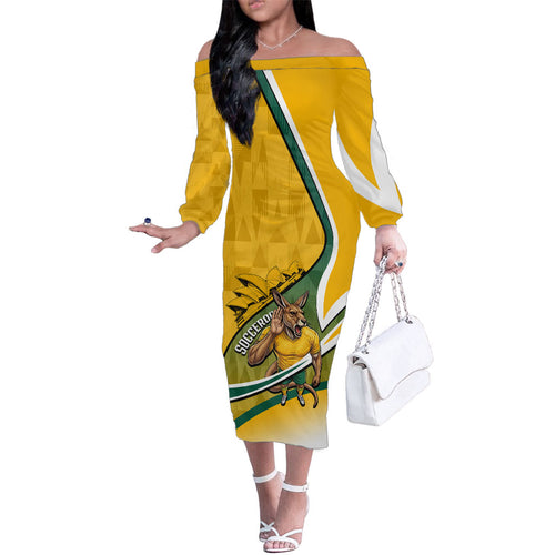 Personalized Australia Soccer Kangaroo Mascot Family Matching Off The Shoulder Long Sleeve Dress and Hawaiian Shirt Sydney Opera House - Hear the Champions Roar Football