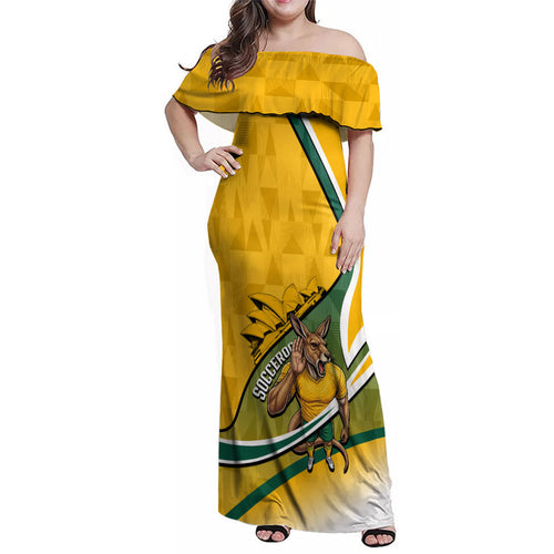 Personalized Australia Soccer Kangaroo Mascot Family Matching Off Shoulder Maxi Dress and Hawaiian Shirt Sydney Opera House - Hear the Champions Roar Football