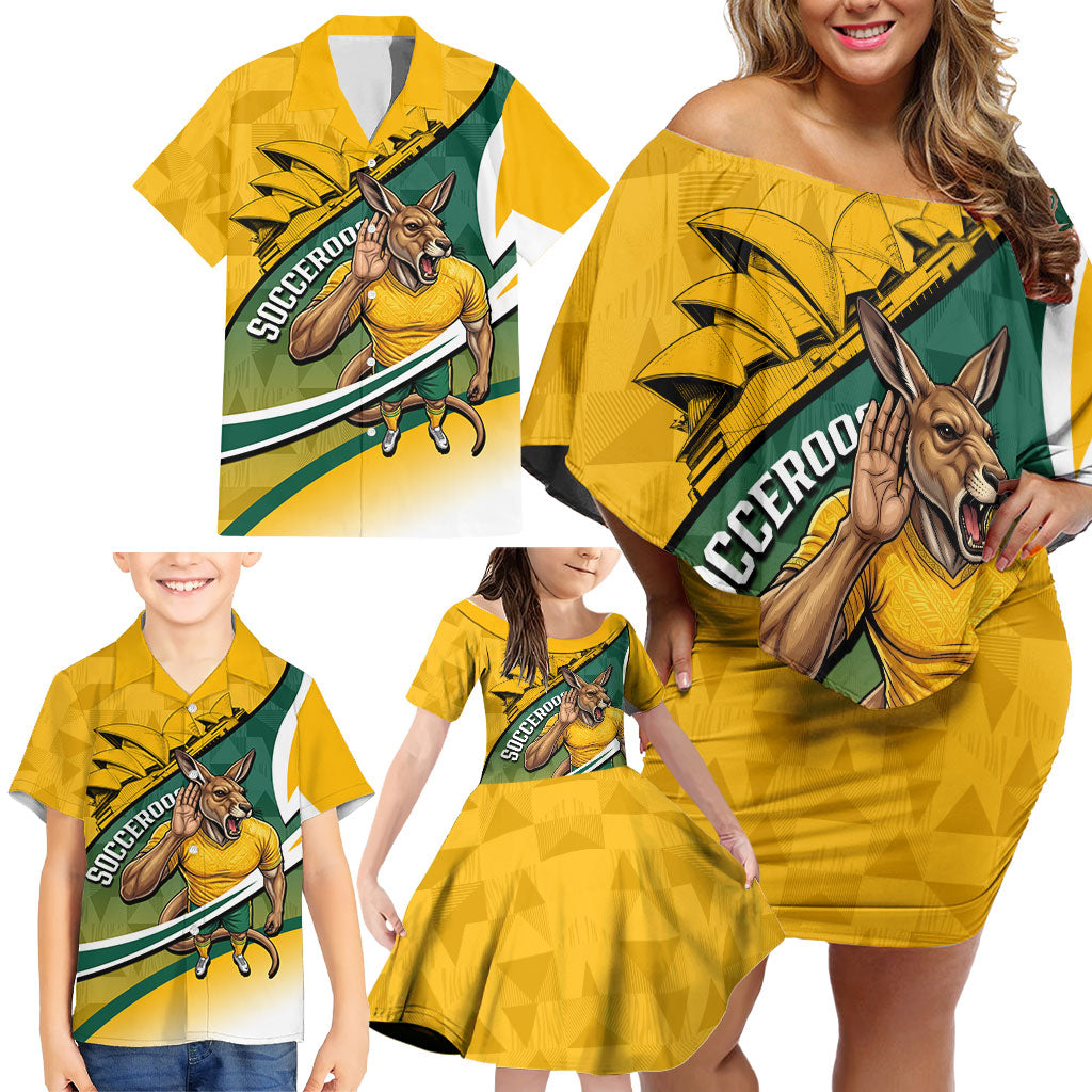 Personalized Australia Soccer Kangaroo Mascot Family Matching Off Shoulder Short Dress and Hawaiian Shirt Sydney Opera House - Hear the Champions Roar Football