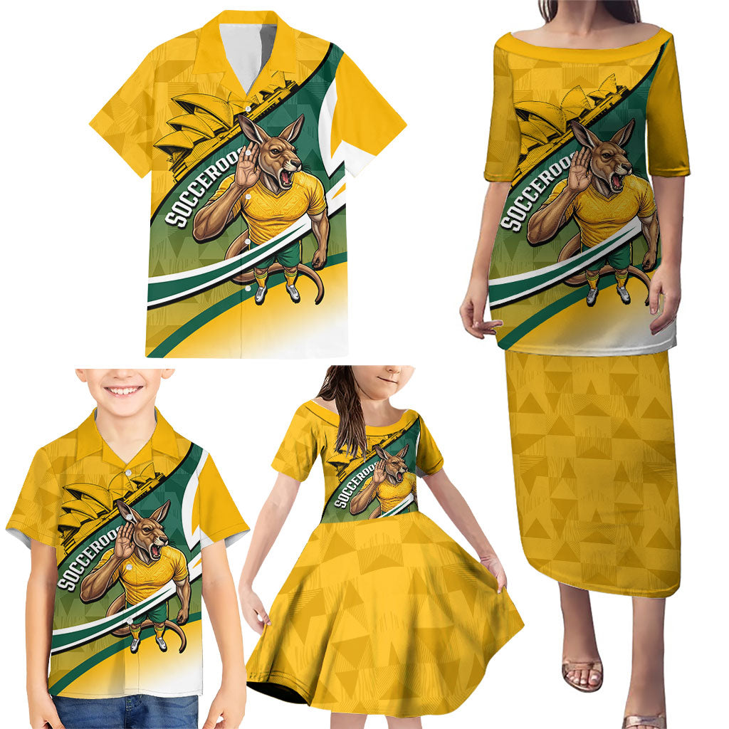 Personalized Australia Soccer Kangaroo Mascot Family Matching Puletasi and Hawaiian Shirt Sydney Opera House - Hear the Champions Roar Football
