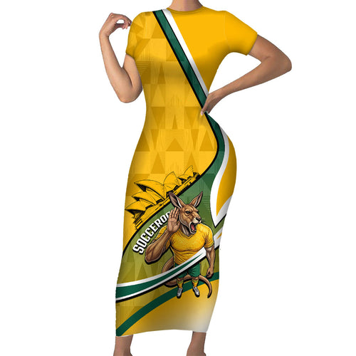 Personalized Australia Soccer Kangaroo Mascot Family Matching Short Sleeve Bodycon Dress and Hawaiian Shirt Sydney Opera House - Hear the Champions Roar Football