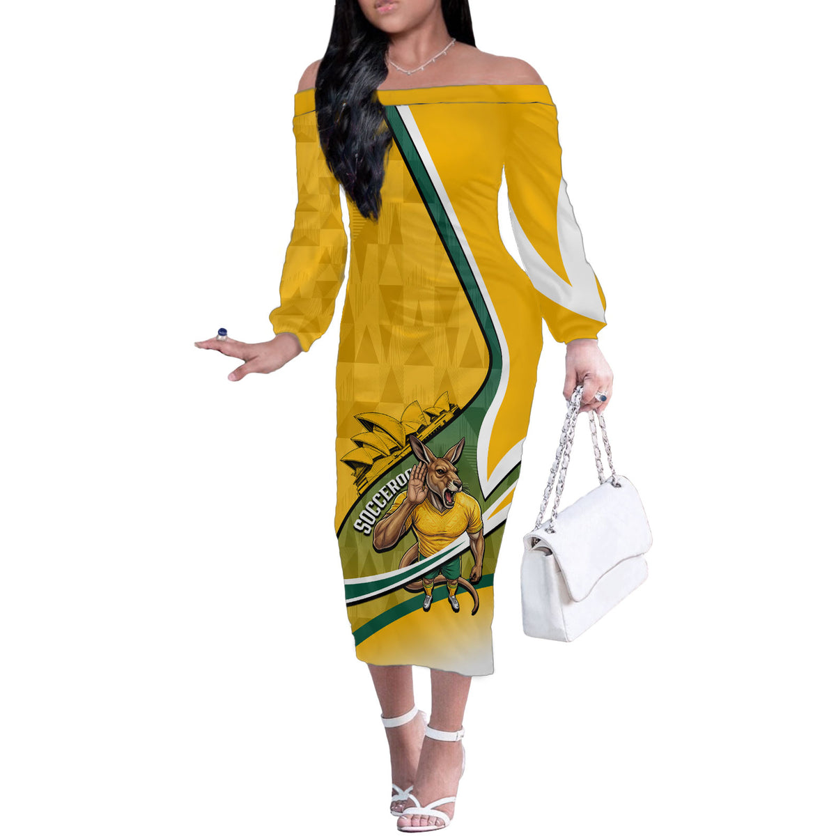 Personalized Australia Soccer Kangaroo Mascot Off The Shoulder Long Sleeve Dress Sydney Opera House - Hear the Champions Roar Football