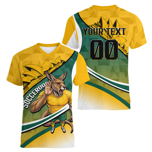 Personalized Australia Soccer Kangaroo Mascot Women V-Neck T-Shirt Sydney Opera House - Hear the Champions Roar Football