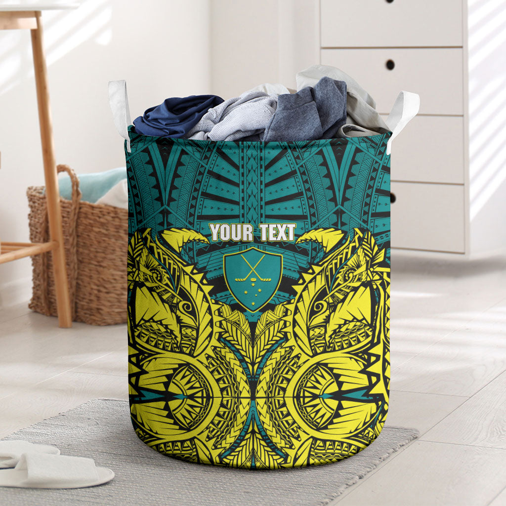Personalized Hockeyroos Kangaroo Field Hockey Laundry Basket Tribal Geometric Green Gold Symmetrical Pattern Design