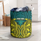 Personalized Hockeyroos Kangaroo Field Hockey Laundry Basket Tribal Geometric Green Gold Symmetrical Pattern Design