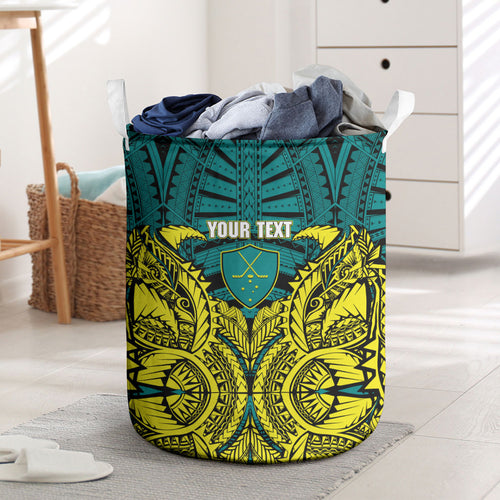 Personalized Hockeyroos Kangaroo Field Hockey Laundry Basket Tribal Geometric Green Gold Symmetrical Pattern Design