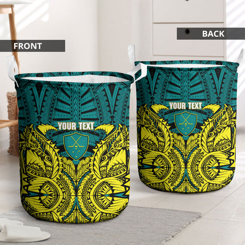 Personalized Hockeyroos Kangaroo Field Hockey Laundry Basket Tribal Geometric Green Gold Symmetrical Pattern Design