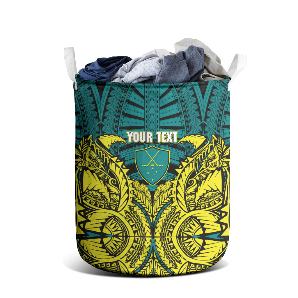 Personalized Hockeyroos Kangaroo Field Hockey Laundry Basket Tribal Geometric Green Gold Symmetrical Pattern Design