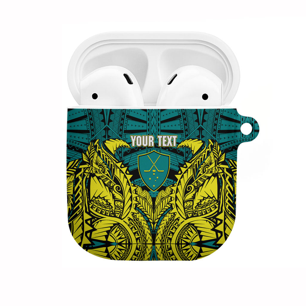 Personalized Hockeyroos Kangaroo Field Hockey AirPods Case Tribal Geometric Green Gold Symmetrical Pattern Design