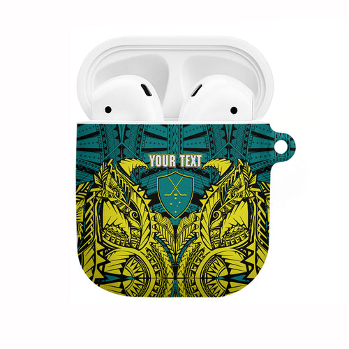 Personalized Hockeyroos Kangaroo Field Hockey AirPods Case Tribal Geometric Green Gold Symmetrical Pattern Design