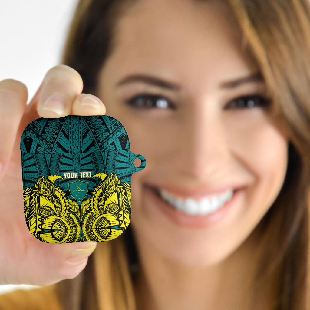 Personalized Hockeyroos Kangaroo Field Hockey AirPods Case Tribal Geometric Green Gold Symmetrical Pattern Design
