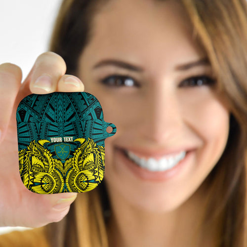 Personalized Hockeyroos Kangaroo Field Hockey AirPods Case Tribal Geometric Green Gold Symmetrical Pattern Design