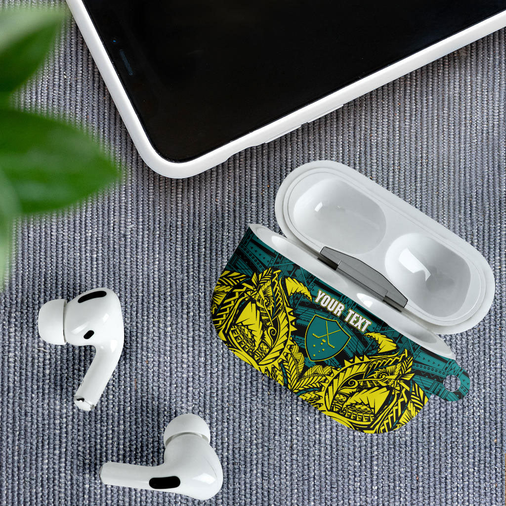 Personalized Hockeyroos Kangaroo Field Hockey AirPods Case Tribal Geometric Green Gold Symmetrical Pattern Design