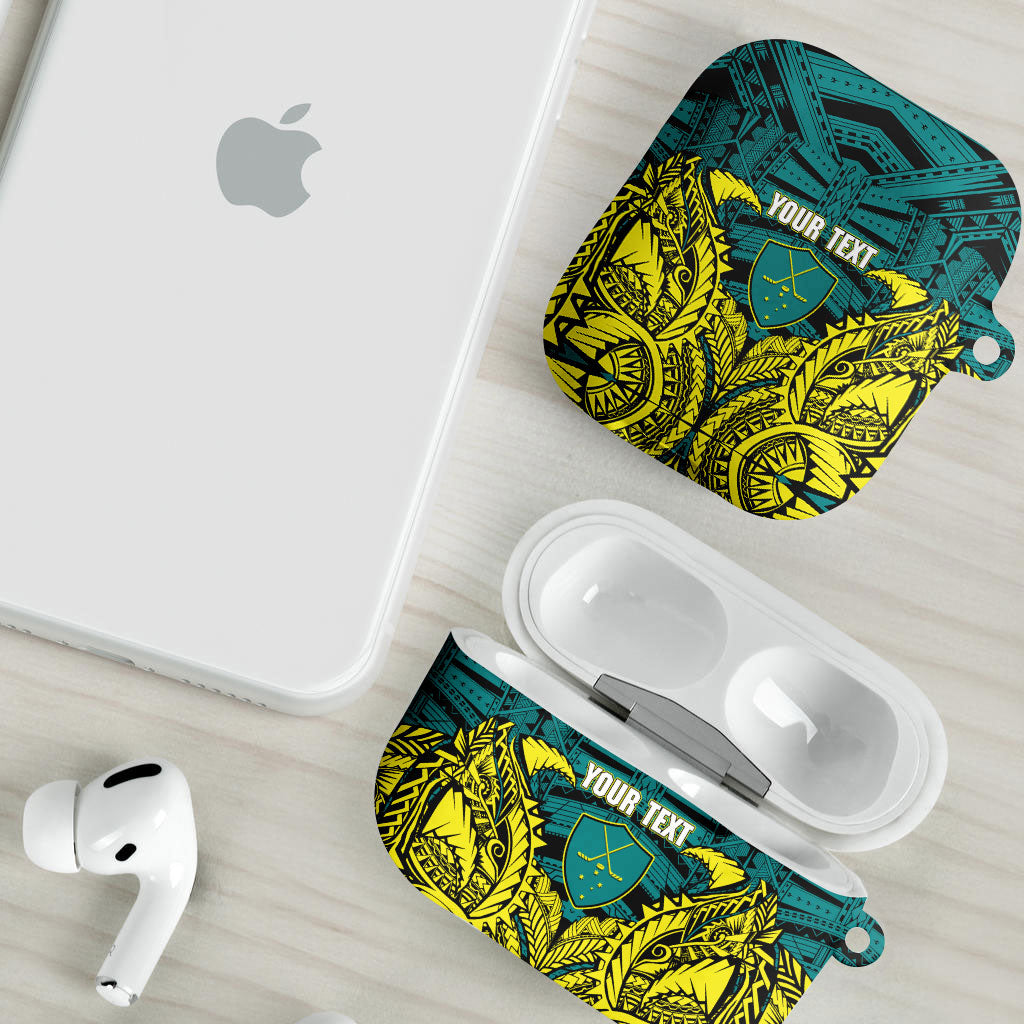 Personalized Hockeyroos Kangaroo Field Hockey AirPods Case Tribal Geometric Green Gold Symmetrical Pattern Design