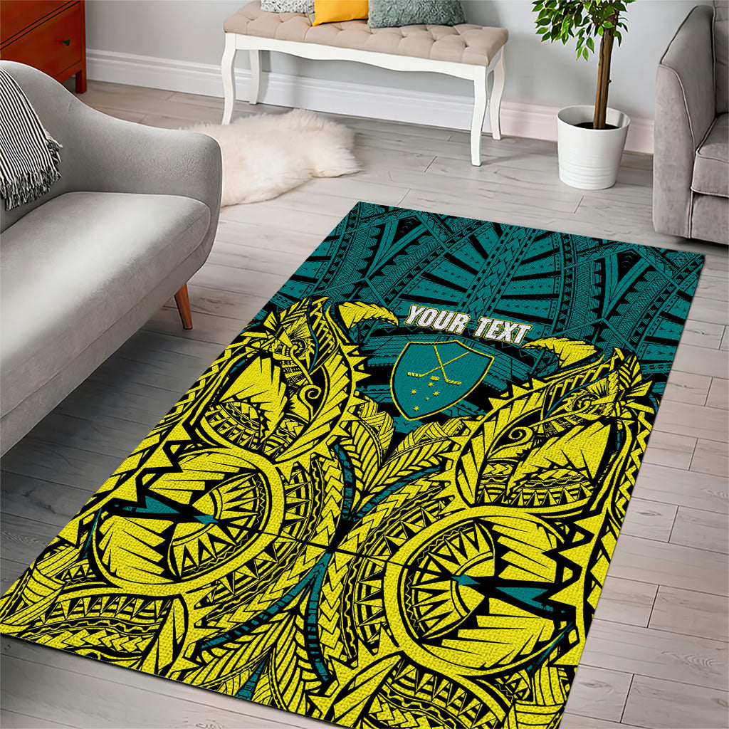 Personalized Hockeyroos Kangaroo Field Hockey Area Rug Tribal Geometric Green Gold Symmetrical Pattern Design