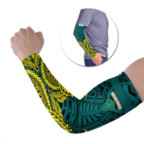 Personalized Hockeyroos Kangaroo Field Hockey Arm Sleeves Tribal Geometric Green Gold Symmetrical Pattern Design