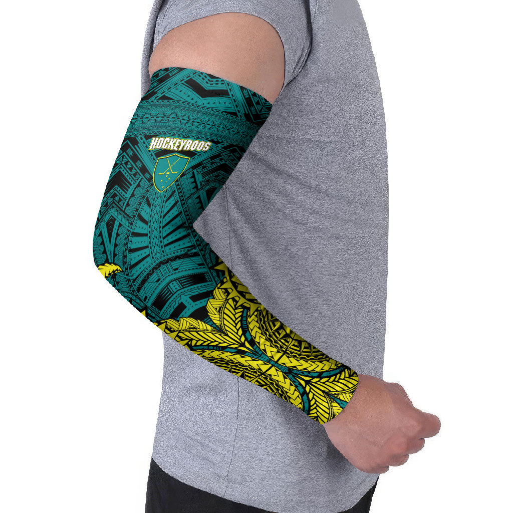 Personalized Hockeyroos Kangaroo Field Hockey Arm Sleeves Tribal Geometric Green Gold Symmetrical Pattern Design