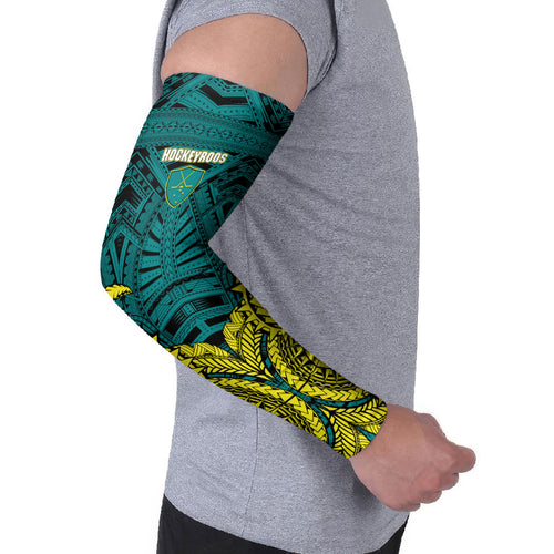 Personalized Hockeyroos Kangaroo Field Hockey Arm Sleeves Tribal Geometric Green Gold Symmetrical Pattern Design