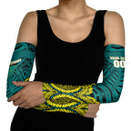 Personalized Hockeyroos Kangaroo Field Hockey Arm Sleeves Tribal Geometric Green Gold Symmetrical Pattern Design