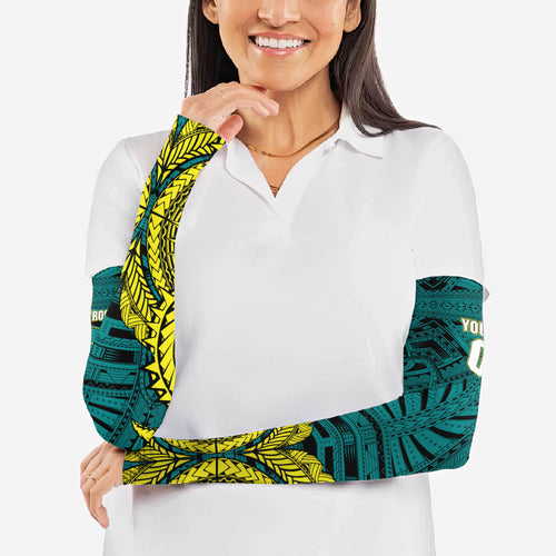 Personalized Hockeyroos Kangaroo Field Hockey Arm Sleeves Tribal Geometric Green Gold Symmetrical Pattern Design