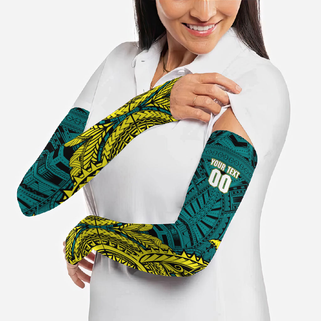 Personalized Hockeyroos Kangaroo Field Hockey Arm Sleeves Tribal Geometric Green Gold Symmetrical Pattern Design